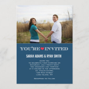 Cute Heart Blue Red Wedding Photo Invitations