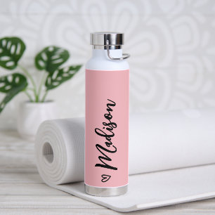 Cute Heart Calligraphy Personalised Black Pink Water Bottle