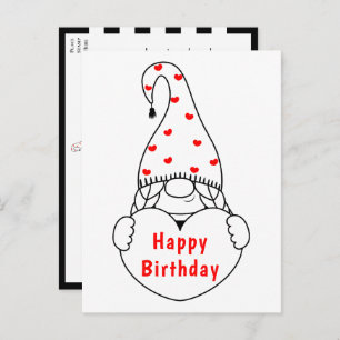 Cute Heart Cartoon Red Black Garden Gnome Birthday Postcard