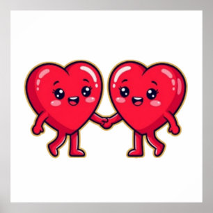 Cute Heart Characters Holding Hands Poster
