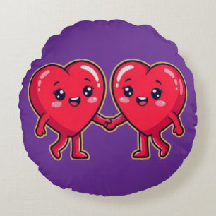 Cute Heart Characters Holding Hands Round Cushion