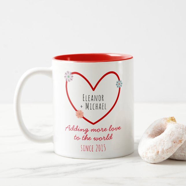 Cute Heart Couple Wedding Anniversary Valentines Two-Tone Coffee Mug (With Donut)
