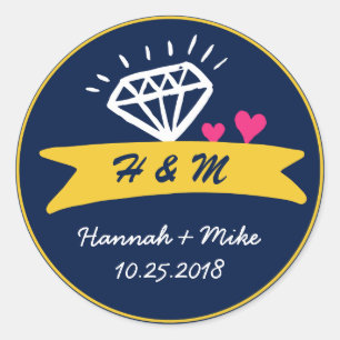 Cute Heart Diamond Wedding Favour Monogram Sticker