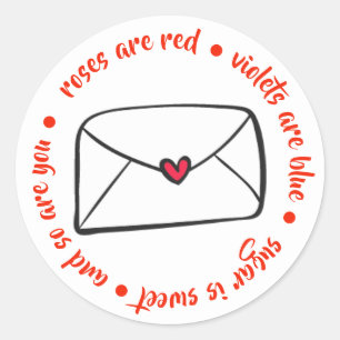 Cute Heart Envelope Roses are Red Violets are Blue Classic Round Sticker