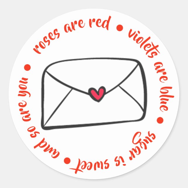 Cute Heart Envelope Roses are Red Violets are Blue Classic Round Sticker (Front)