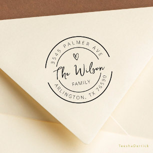 Cute Heart Family Name Return Address Round Logo Rubber Stamp