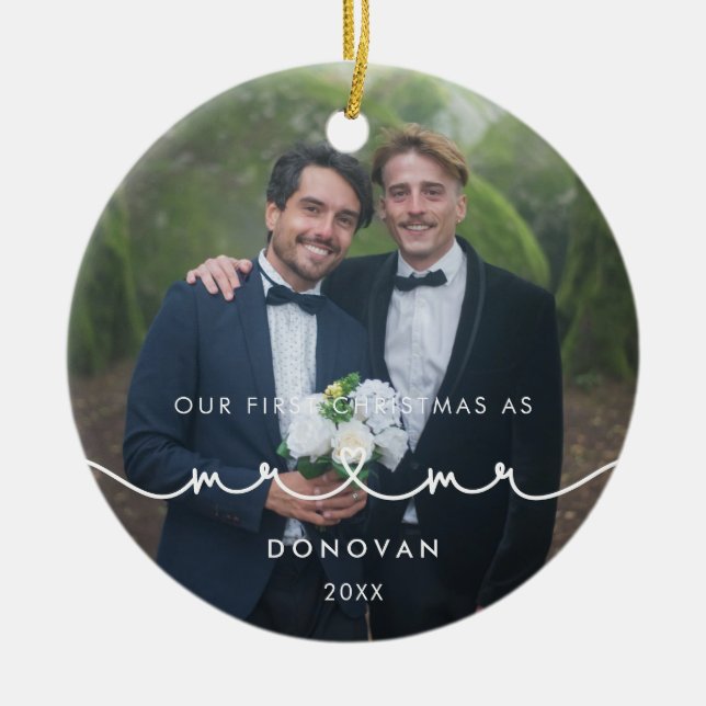 Cute Heart Font First Christmas as Mr & Mr Photo Ceramic Ornament (Front)