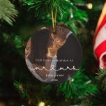 Cute Heart Font First Christmas as Mr & Mrs Photo Ceramic Ornament<br><div class="desc">Our first Christmas as Mr and Mrs,  newlywed milestone photo ornament. A modern typography with a cute heart for this photo ornaments collection. To customise with your favourite picture. You can also easily change the colour of the font to your liking.</div>