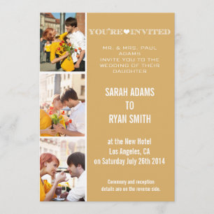 Cute Heart Gold Wedding Three Photo Invitation
