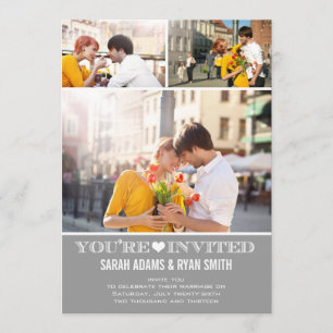 Cute Heart Grey Wedding Three Photo Invitation