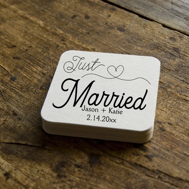 Cute Heart Just Married Calligraphy Wedding Day Square Paper Coaster (Creator Uploaded)