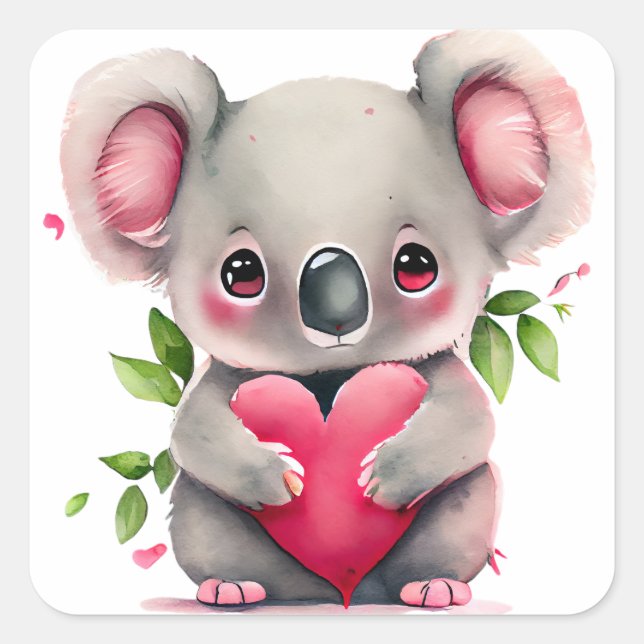 Cute Heart Koala Bear Valentine Square Sticker (Front)