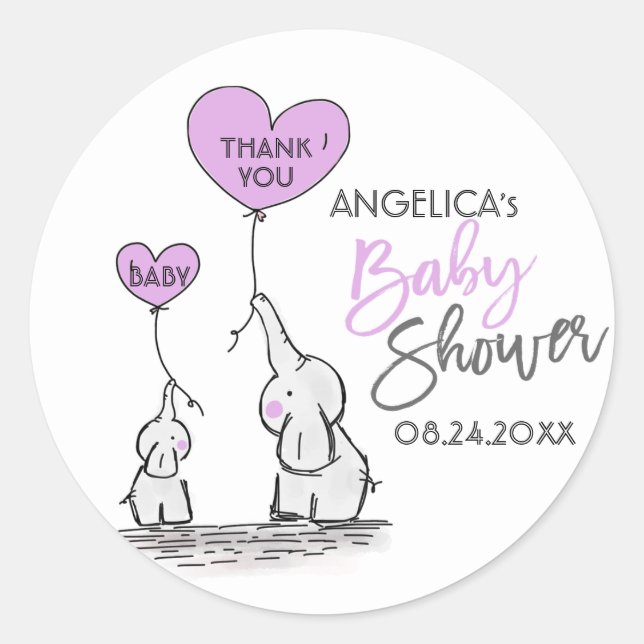 Cute Heart LAVENDER Elephant Mummy & Baby Shower Classic Round Sticker (Front)
