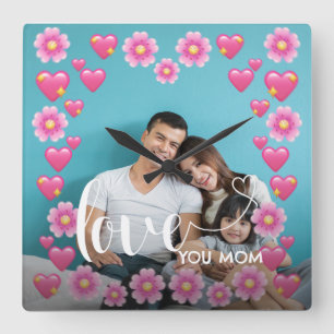 Cute HEART LOVE YOU MOM Mother's Day Photo Square Wall Clock