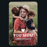 Cute HEART LOVE YOU MUM Mother's Day Photo Magnet<br><div class="desc">Cute Heart Love You Mum Mother's Day Photo Magnets features your favourite photo with the text "(love heart) you Mum" in modern white script with your names below. On the reverse personalise with your own message and add an additional photo. Edit the text to suit different occassions such as Christmas,...</div>