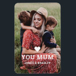 Cute HEART LOVE YOU MUM Mother's Day Photo Magnet<br><div class="desc">Cute Heart Love You Mum Mother's Day Photo Magnets features your favourite photo with the text "(love heart) you Mum" in modern white script with your names below. On the reverse personalise with your own message and add an additional photo. Edit the text to suit different occassions such as Christmas,...</div>