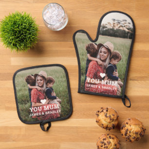 Cute HEART LOVE YOU Mum Photo Mother's Day Oven Mitt & Pot Holder Set