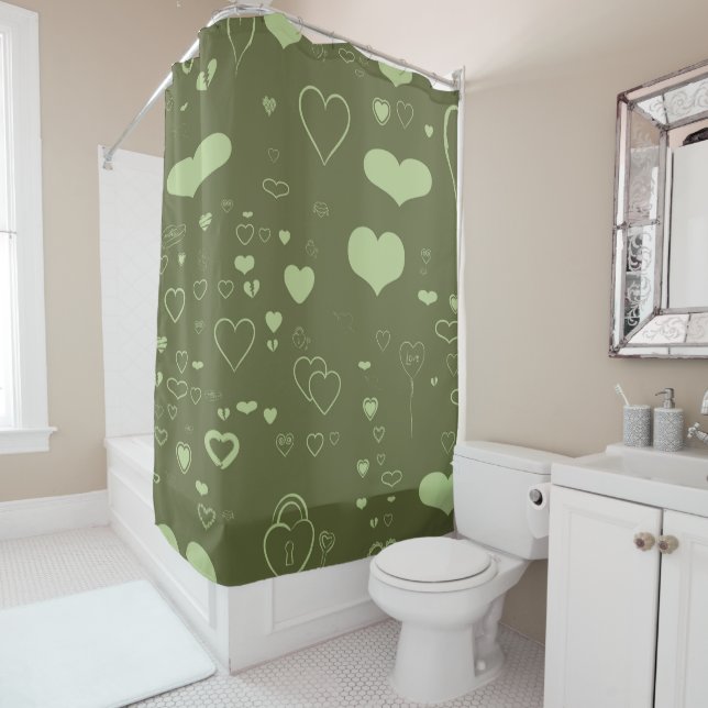 Cute Heart Modern Moss Green Shower Curtain (In Situ)