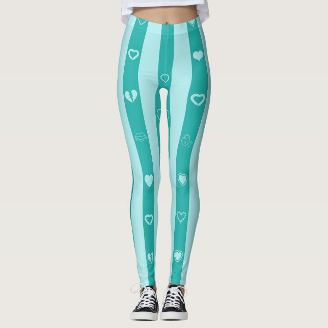 Cute Heart Modern Turquoise Stripe Leggings (Front)