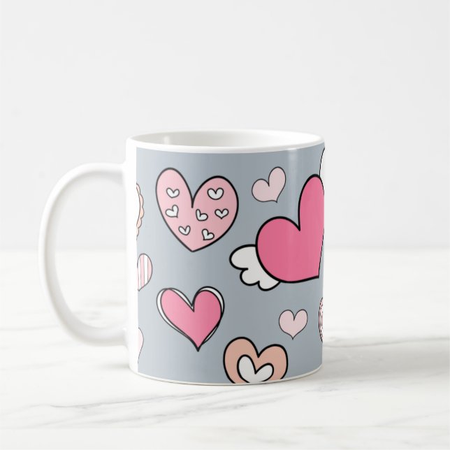 Cute heart motifs on grey coffee mug (Left)