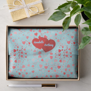 Cute Heart Pattern Aqua & Pink Red Name Tissue Paper