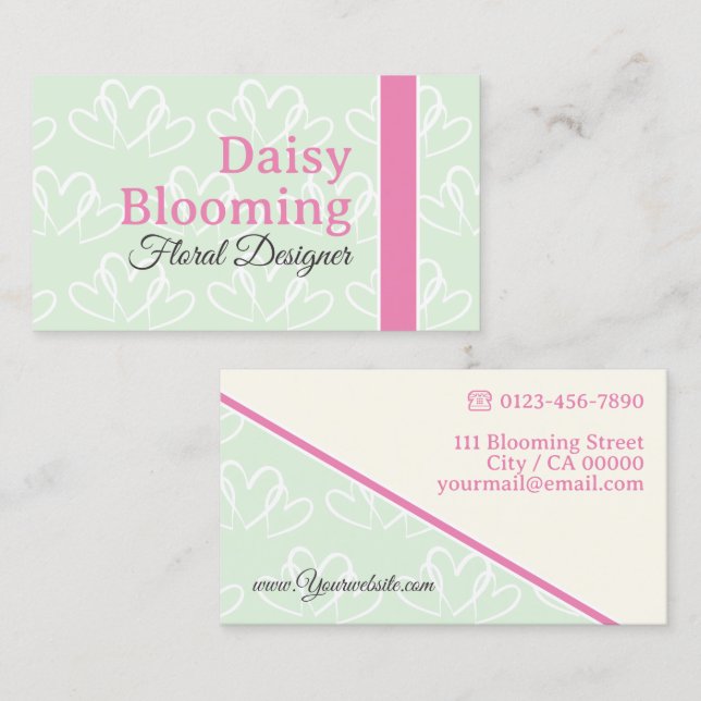 Cute Heart Pattern Pastel Pink Blush Green Florist Business Card (Front/Back)