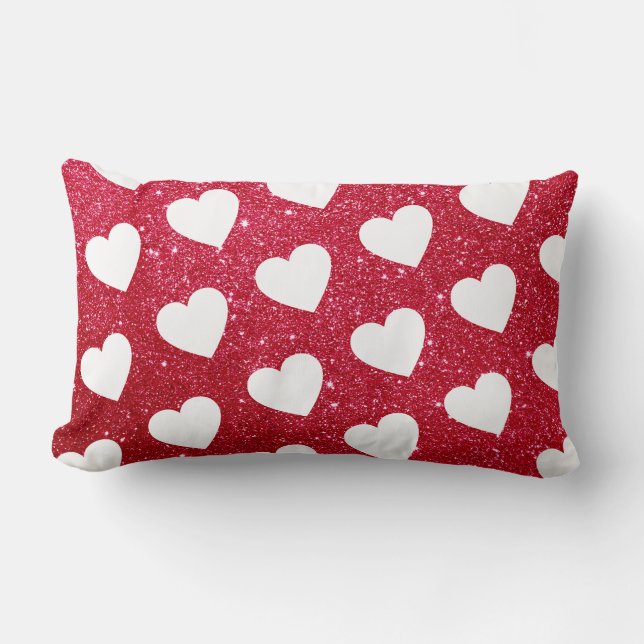 Cute Heart Pattern Red White Glitter Lumbar Cushion (Front)