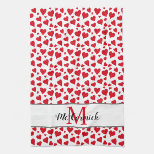 Cute Heart Pattern Red White Monogram Personalised Tea Towel