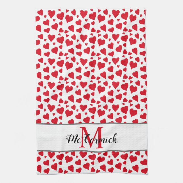 Cute Heart Pattern Red White Monogram Personalised Tea Towel (Vertical)