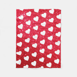Cute Heart Pattern White Red Glitter Love Fleece Blanket