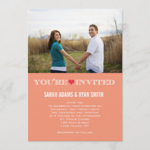 Cute Heart Peach Red Wedding Photo Invitations