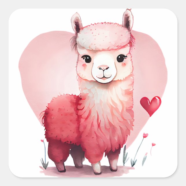 Cute Heart Pink Llama Valentine Square Sticker (Front)
