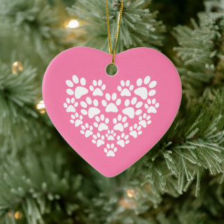 Cute Heart Pink Paw Print Ceramic Ornament