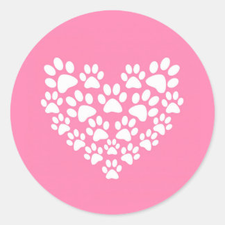 Cute Heart Pink Paw Print Classic Round Sticker