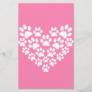 Cute Heart Pink Paw Print Stationery