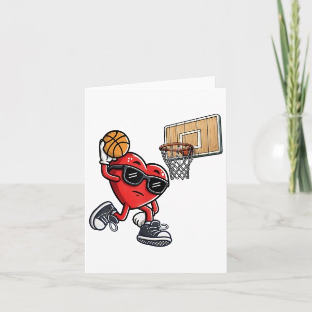 Cute Heart Playing Basketball Valentines Day Baske Card (Front)