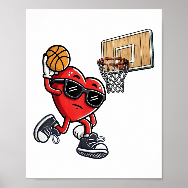 Cute Heart Playing Basketball Valentines Day Baske Poster (Front)