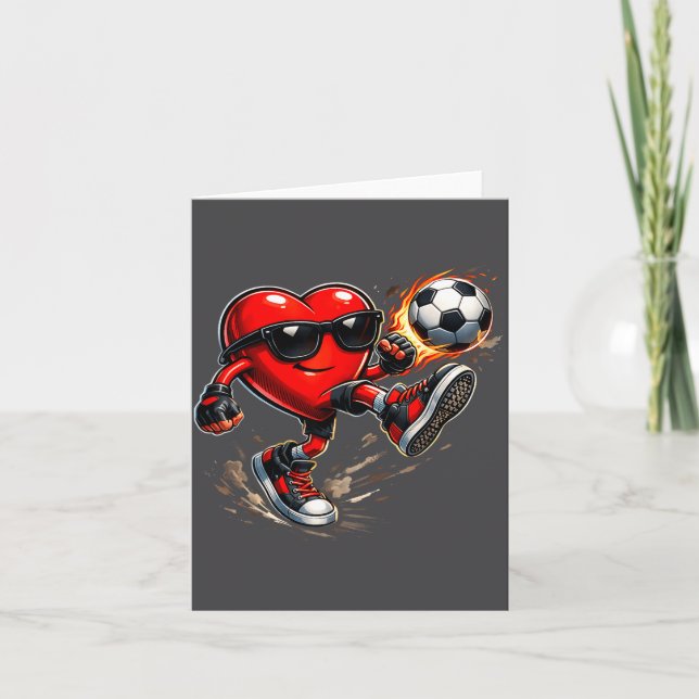 Cute Heart Playing Soccer Valentines Day Soccer Bo Card (Front)