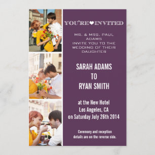 Cute Heart Purple Wedding Three Photo Invitation