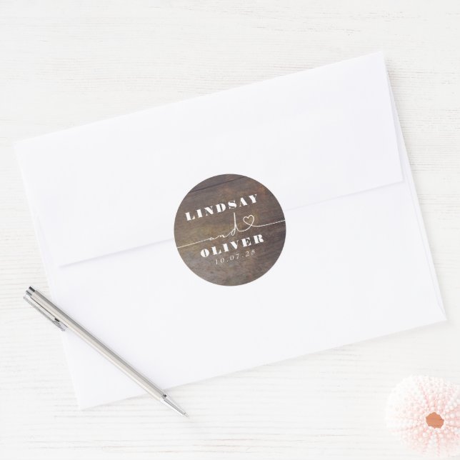 Cute Heart Script Brown Wood Rustic Wedding Classic Round Sticker (Envelope)