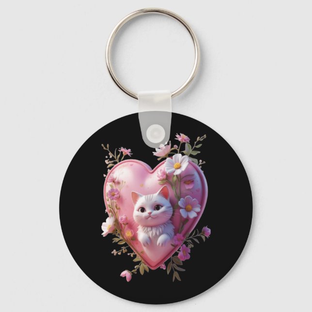 Cute Heart Shape with a cat Funny Unisex Design Key Ring (Front)