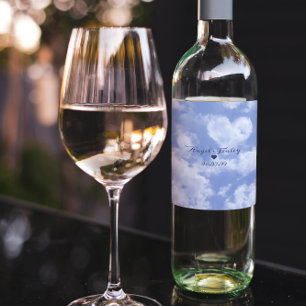 Cute Heart Shaped Cloud & Blue Sky Elegant Wedding Wine Label