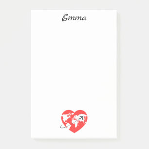 Cute Heart shaped Globe & airplane, Custom Name Post-it Notes