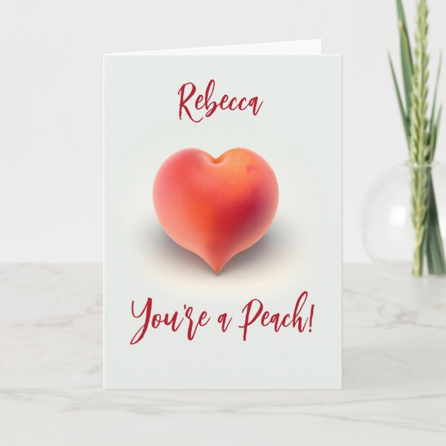 Cute Heart Shaped Peach Custom Name Valentine  Holiday Card (Front)