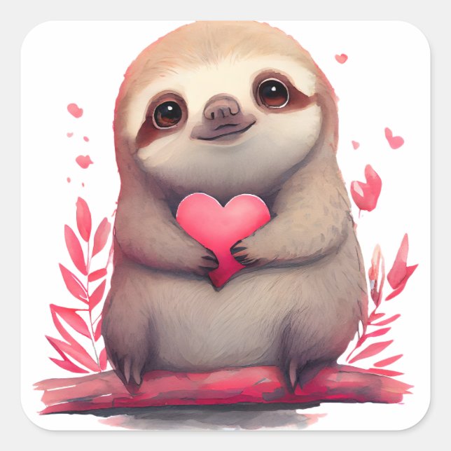 Cute Heart Sloth Valentine Square Sticker (Front)