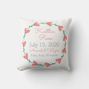 Cute Heart Wreath Birth Announcement Cushion
