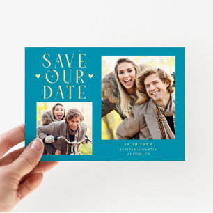 Cute Hearts 2-Photo Aqua Blue Wedding Save The Date