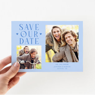 Cute Hearts 2-Photo Icy Blue Wedding Save The Date