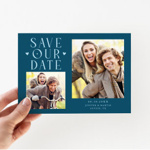 Cute Hearts 2-Photo Teal Wedding Save The Date