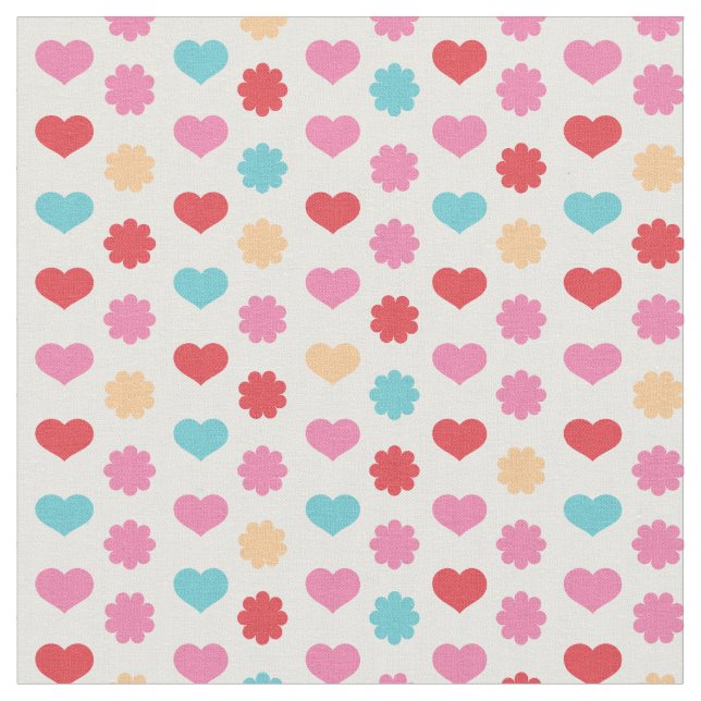 Cute Hearts and Flowers Pattern Kids Fabric (Close Up)